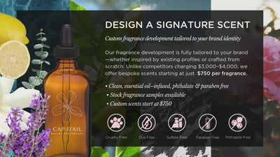 Malibu Apothecary custom fragrance development banner featuring amber dropper bottle, botanical ingredients, and text promoting clean, non-toxic, essential-oil infused signature scent design for brands with bespoke formulas starting at $750.”