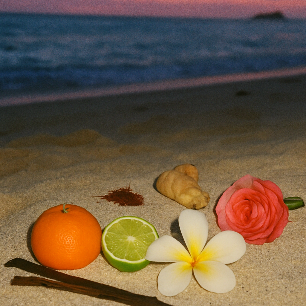 Saint Barths fragrance ingredients styled on sandy beach at sunset with mandarin, lime, saffron, ginger root, rose, frangipani flower, and vanilla bean — highlighting the scent’s blend of citrus, spice, florals, and warm amberwood.