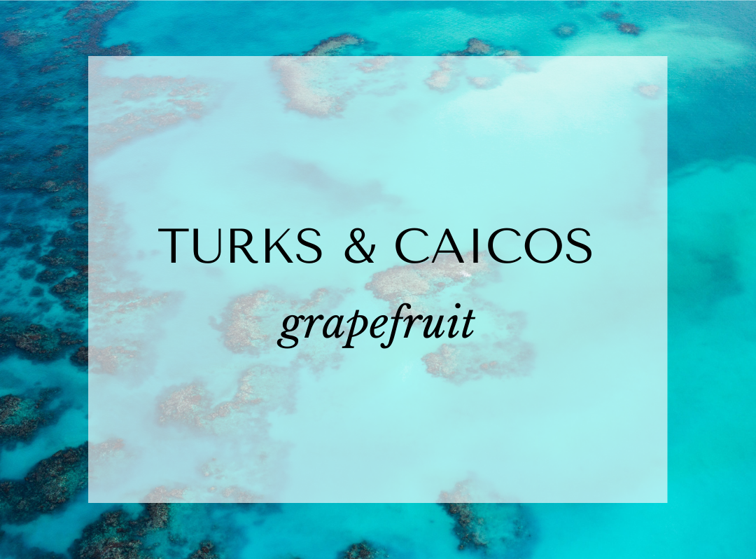 Turks & Caicos candle scent card by Malibu Apothecary featuring a turquoise ocean reef aerial view. Fragrance notes include mandarin, lemon, grapefruit, mangosteen, red currant, and vanilla. A bright, tropical citrus fragrance inspired by Caribbean beaches, crafted with clean-burning coconut and soy wax.