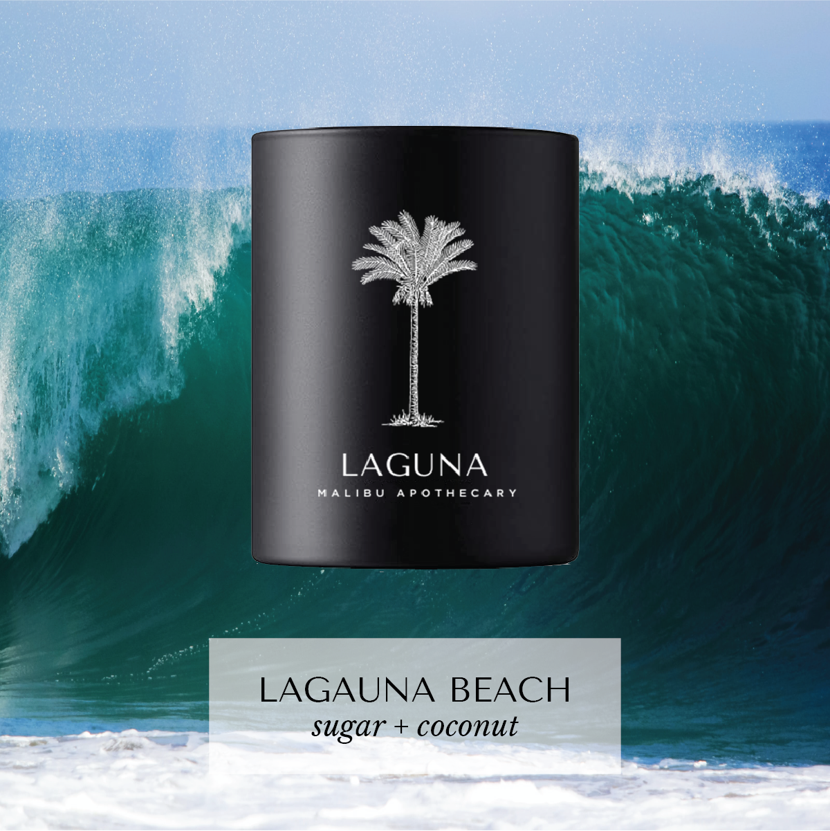 Laguna Beach votive candle with palm tree design and sugar-coconut scent placed over a crashing ocean wave, hand-poured with coconut and soy wax.