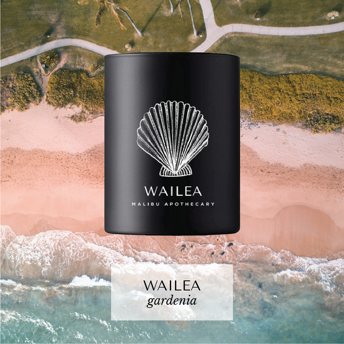 Wailea votive candle with seashell design and gardenia scent on pink sand beach with palm tree and turquoise reef, made with coconut and soy wax.