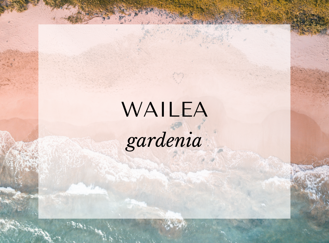 Wailea candle scent card by Malibu Apothecary featuring a pink sand beach aerial view. Fragrance notes include bright citrus, jasmine, gardenia, rose, orange, and soft wood. A tropical floral fragrance inspired by Maui’s Wailea coast, crafted with clean-burning coconut and soy wax.