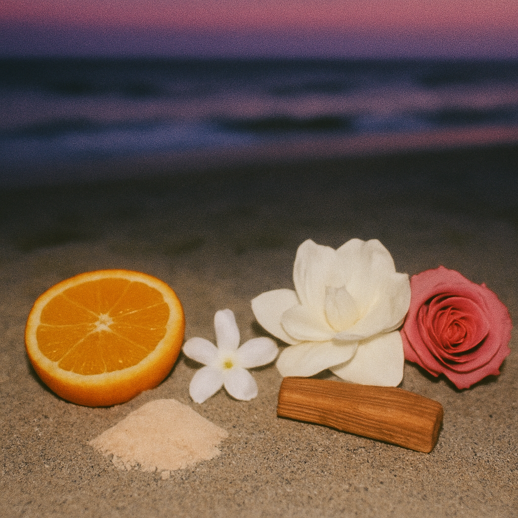 Wailea candle fragrance ingredients by Malibu Apothecary displayed on sand at sunset, featuring orange, jasmine, gardenia, rose, floral powder, and wood. A romantic tropical floral fragrance inspired by Maui’s Wailea coast, crafted with non-toxic coconut and soy wax.