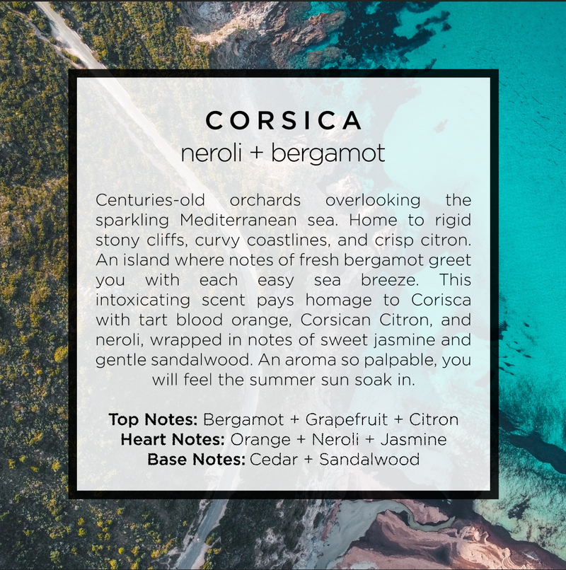 Corsica scented candle inspired by the Mediterranean French island with notes of citron, neroli, bergamot, orange, and sandalwood