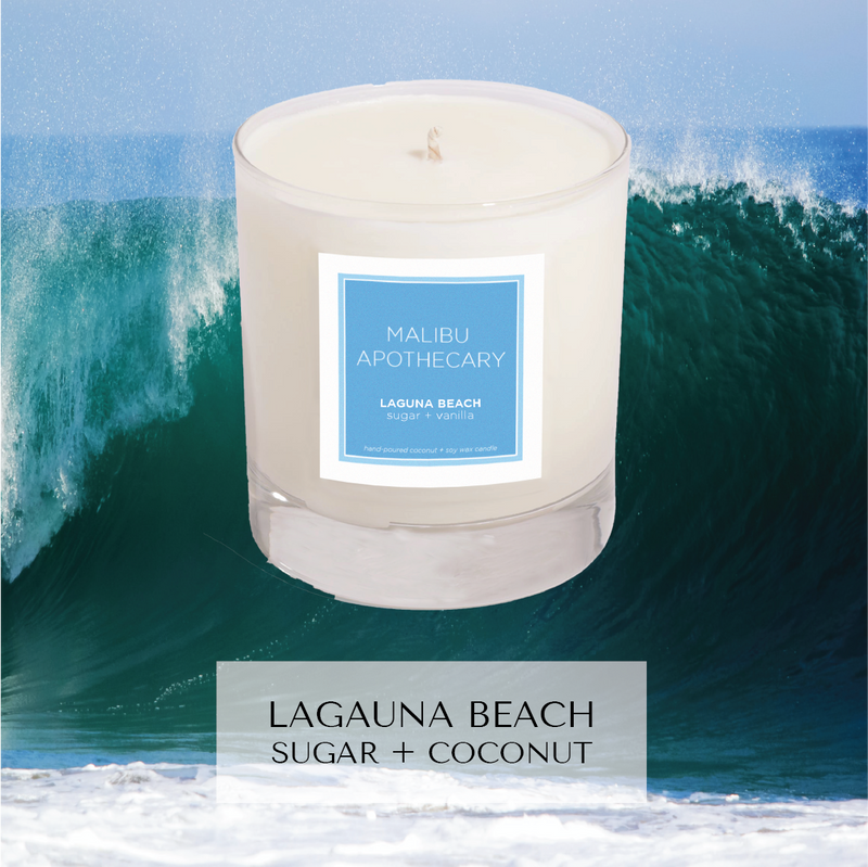 Laguna Beach inspired candle with notes of sugar, coconut, and vanilla in Clear Gloss x Blue vessel on waves