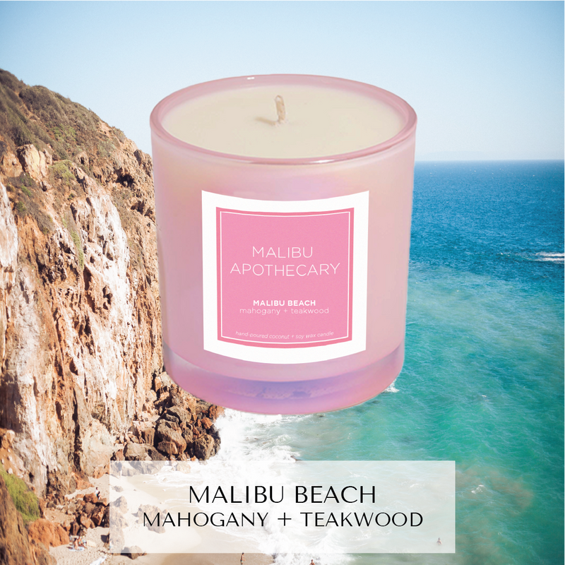 Iridescent pink candle with notes of mahogany and teakwood inspired by Malibu Beach in front of Point Dume, Malibu