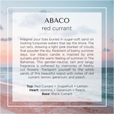 Abaco, Bahamas scented candle with notes of red currant, geranium, lemon, jasmine, peach and black currant. Description of fragrance with the background of ocean