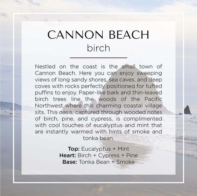 Cannon Beach holiday scented candle with eucalyptus, mint, birch, cypress, pine, tonka bean, and smoke