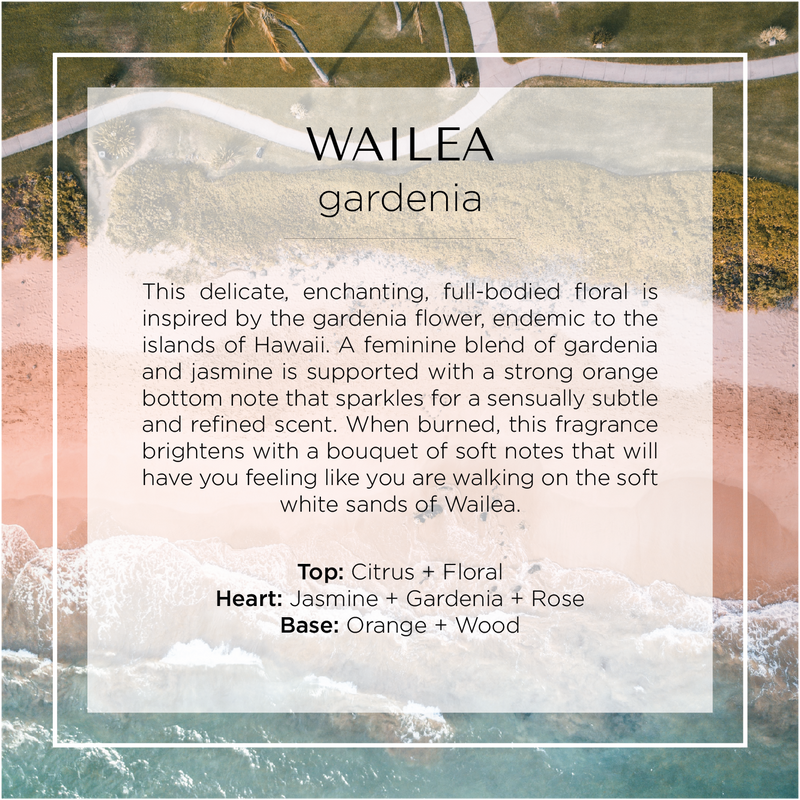 Wailea, destination inspired candle from the beaches of Hawaii with notes of gardenia, citrus, rose and wood